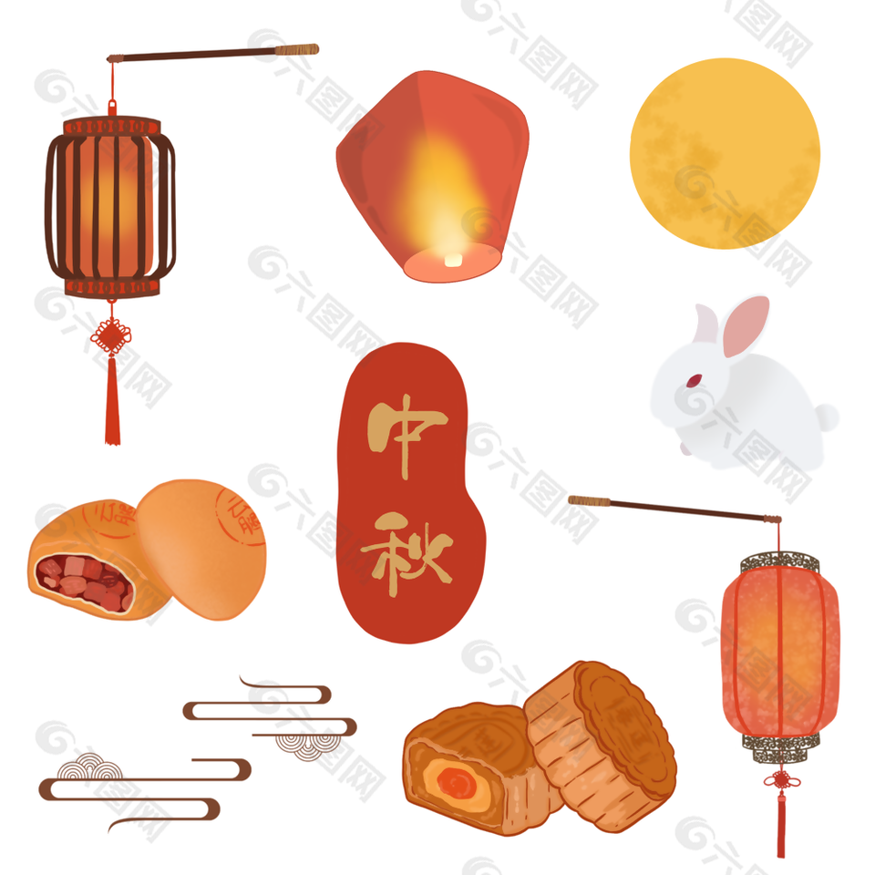 個性簡約中式手繪燈籠中秋節元素設計