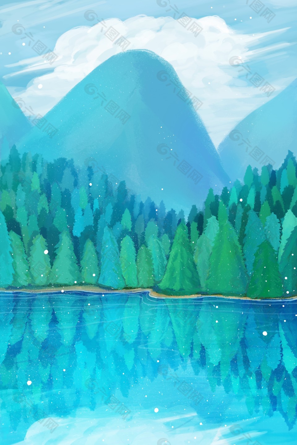 森系仙境創意山水藍色背景插畫