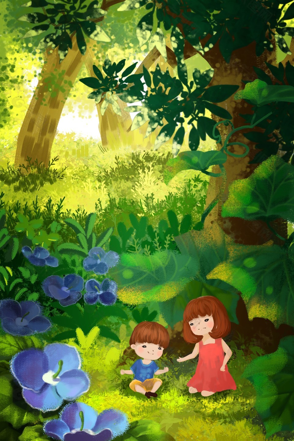 森系仙境女孩花朵元素插畫背景