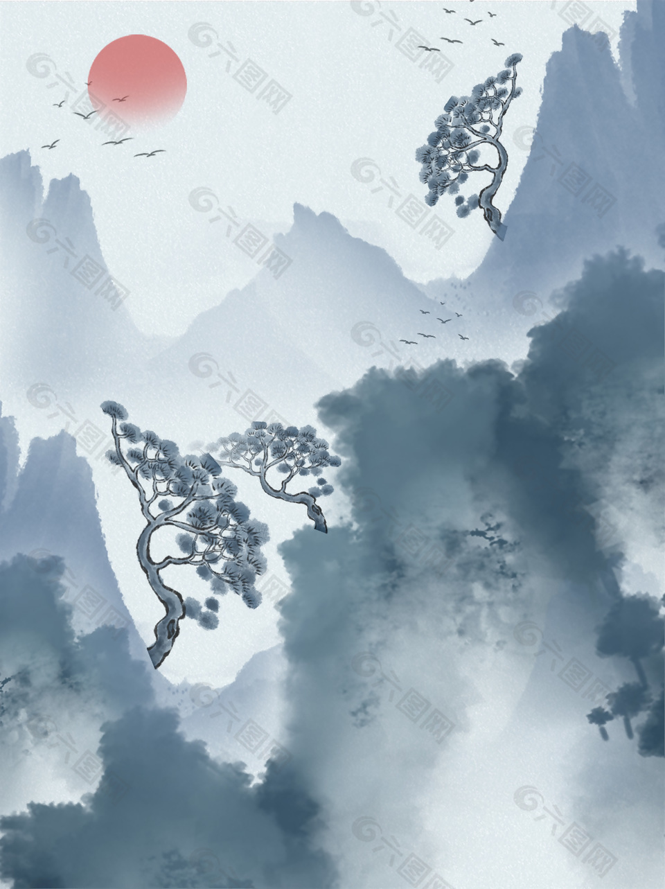中國風大氣水墨山川背景裝飾畫素材