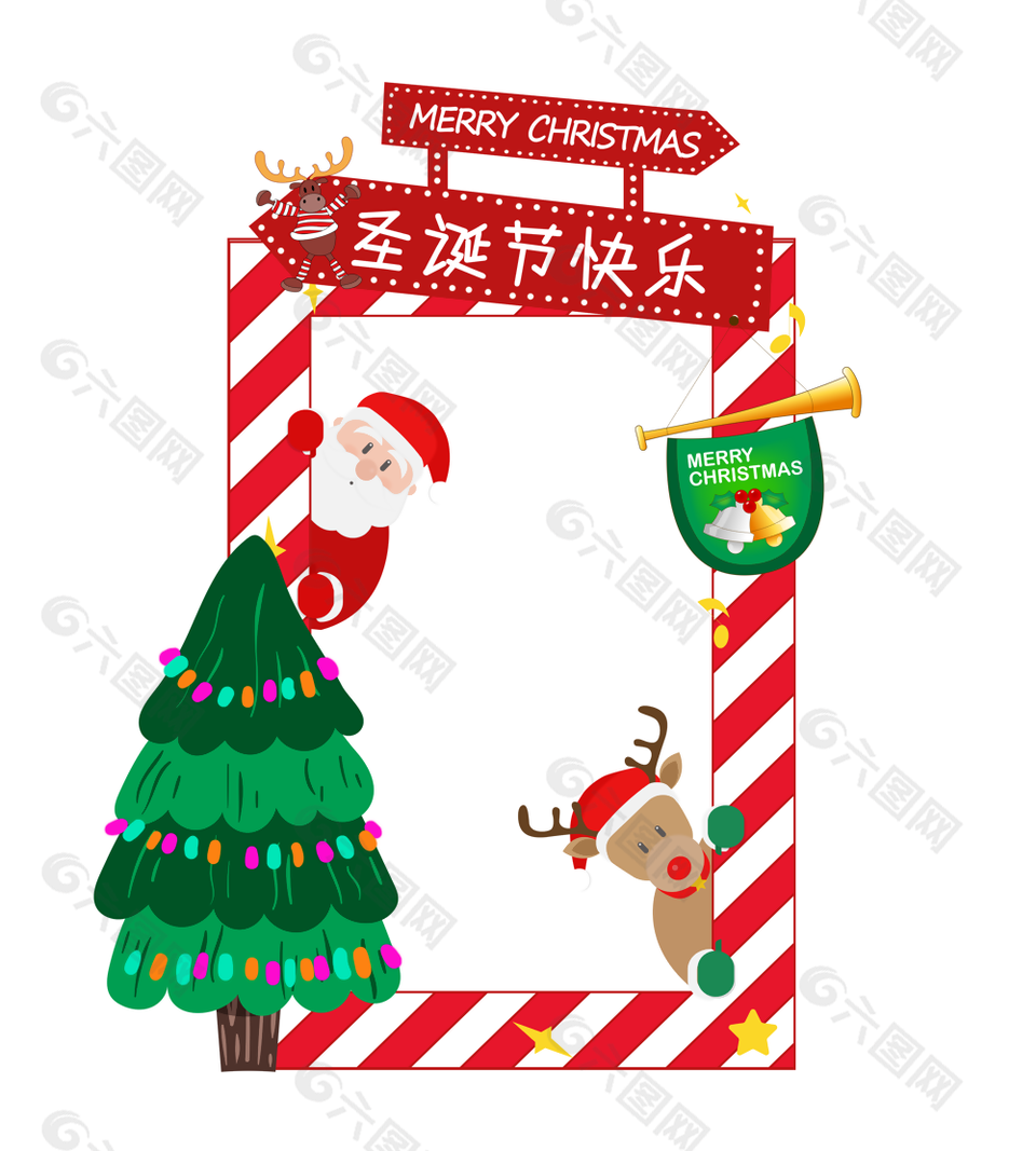手繪卡通紅白條紋圣誕拍照框素材下載