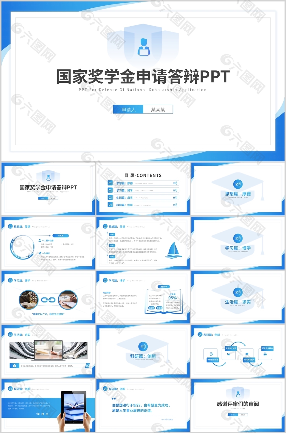 藍(lán)色實(shí)用國家獎學(xué)金申請答辯PPT模板