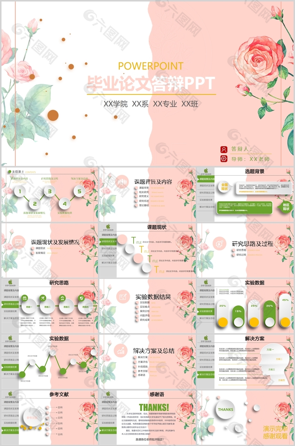 手繪唯美粉色系畢業(yè)答辯PPT模板