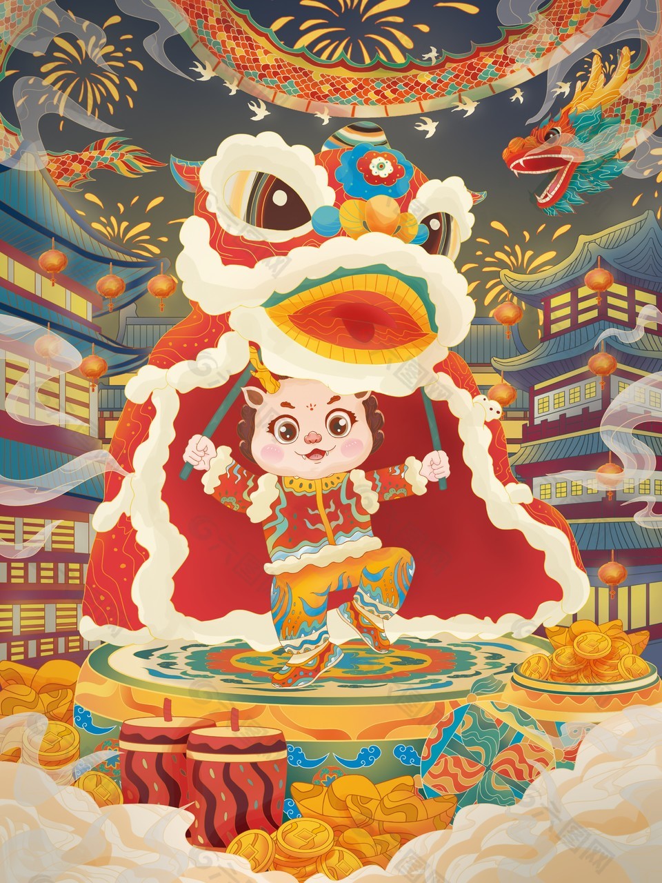 卡通人物新年趣味主題插畫