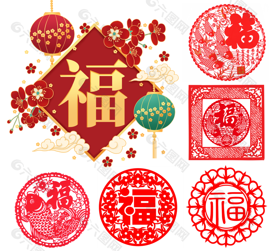 國(guó)風(fēng)鏤空剪紙福字窗花春節(jié)矢量素材下載