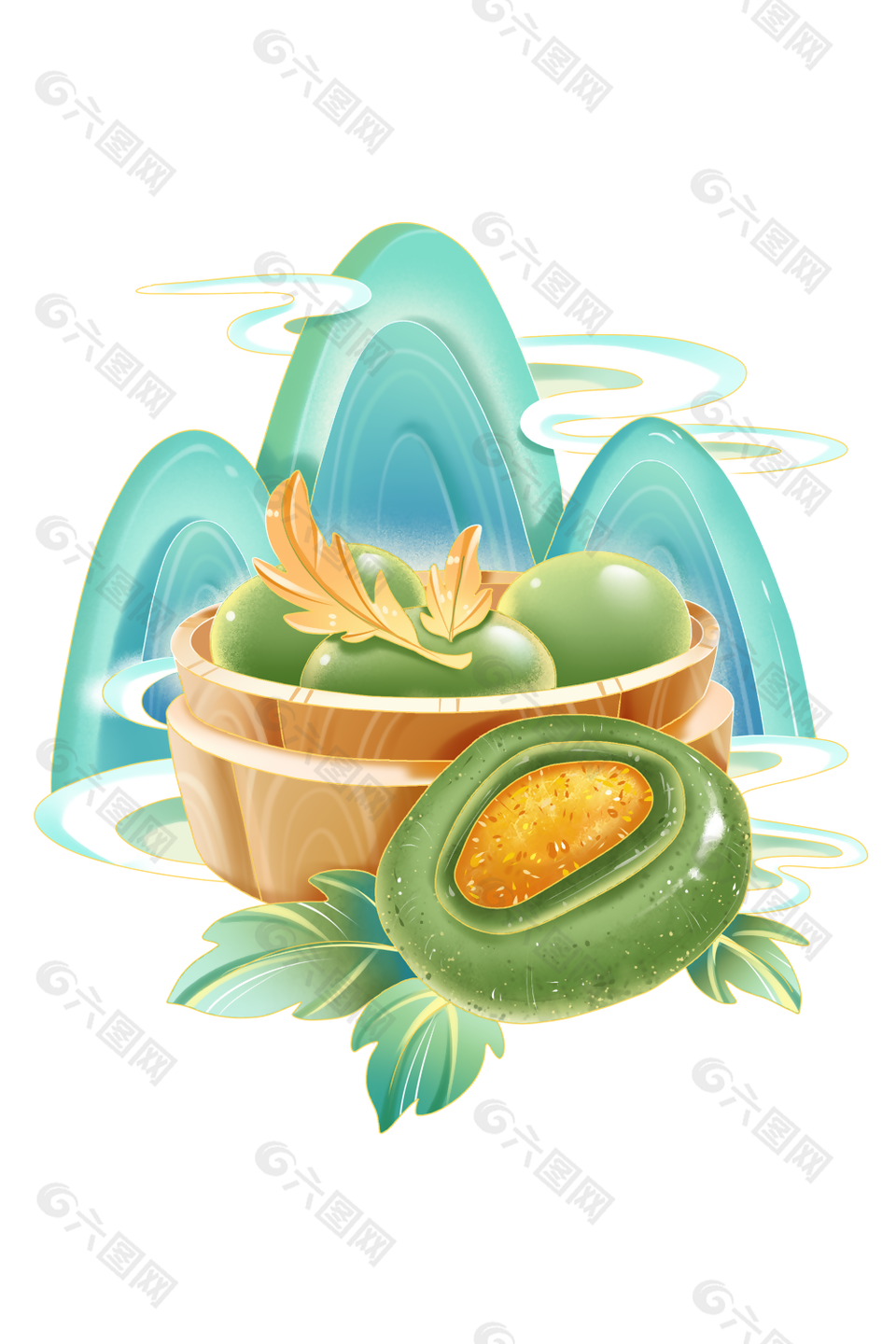 精美國(guó)潮風(fēng)青團(tuán)艾草插畫(huà)素材