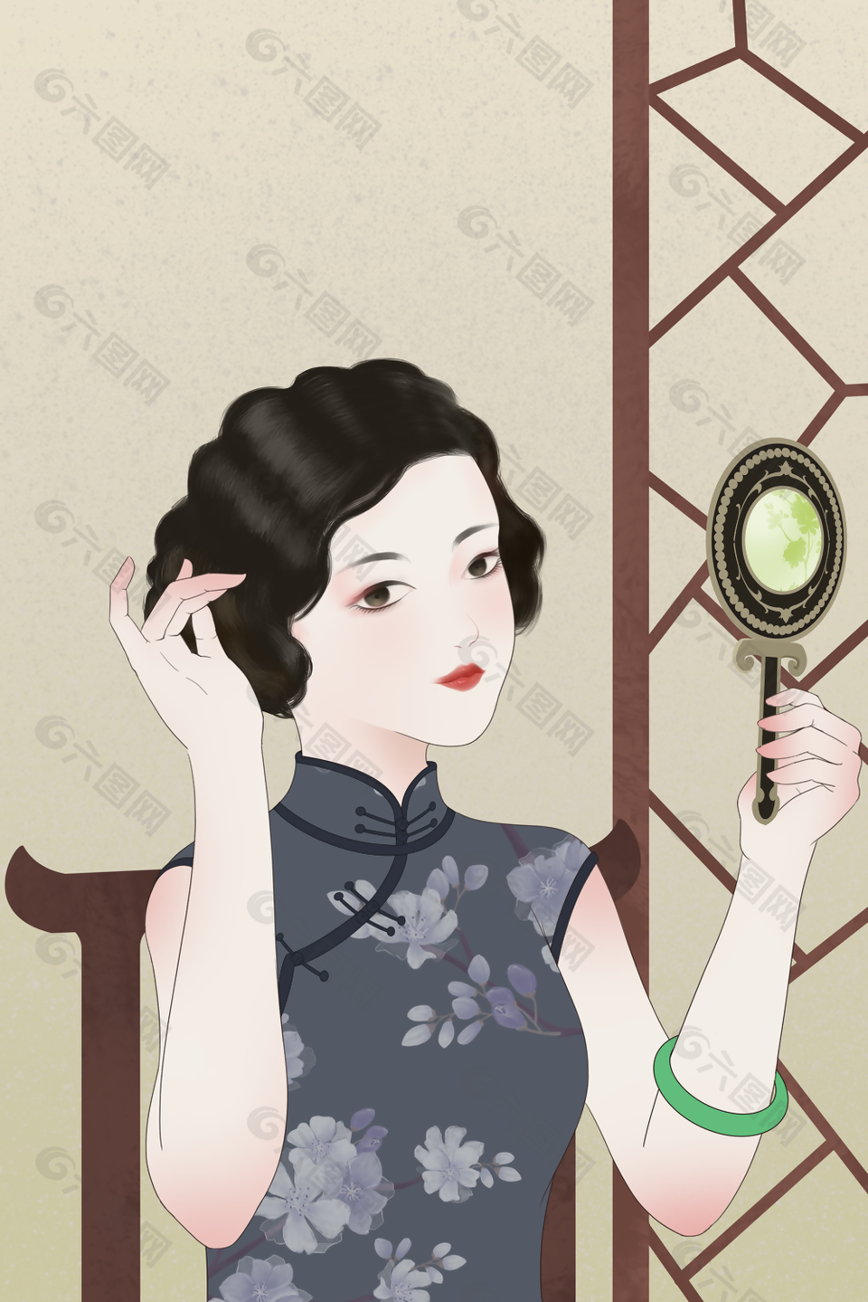 優雅復古民國風手持鏡子旗袍女子人物插畫