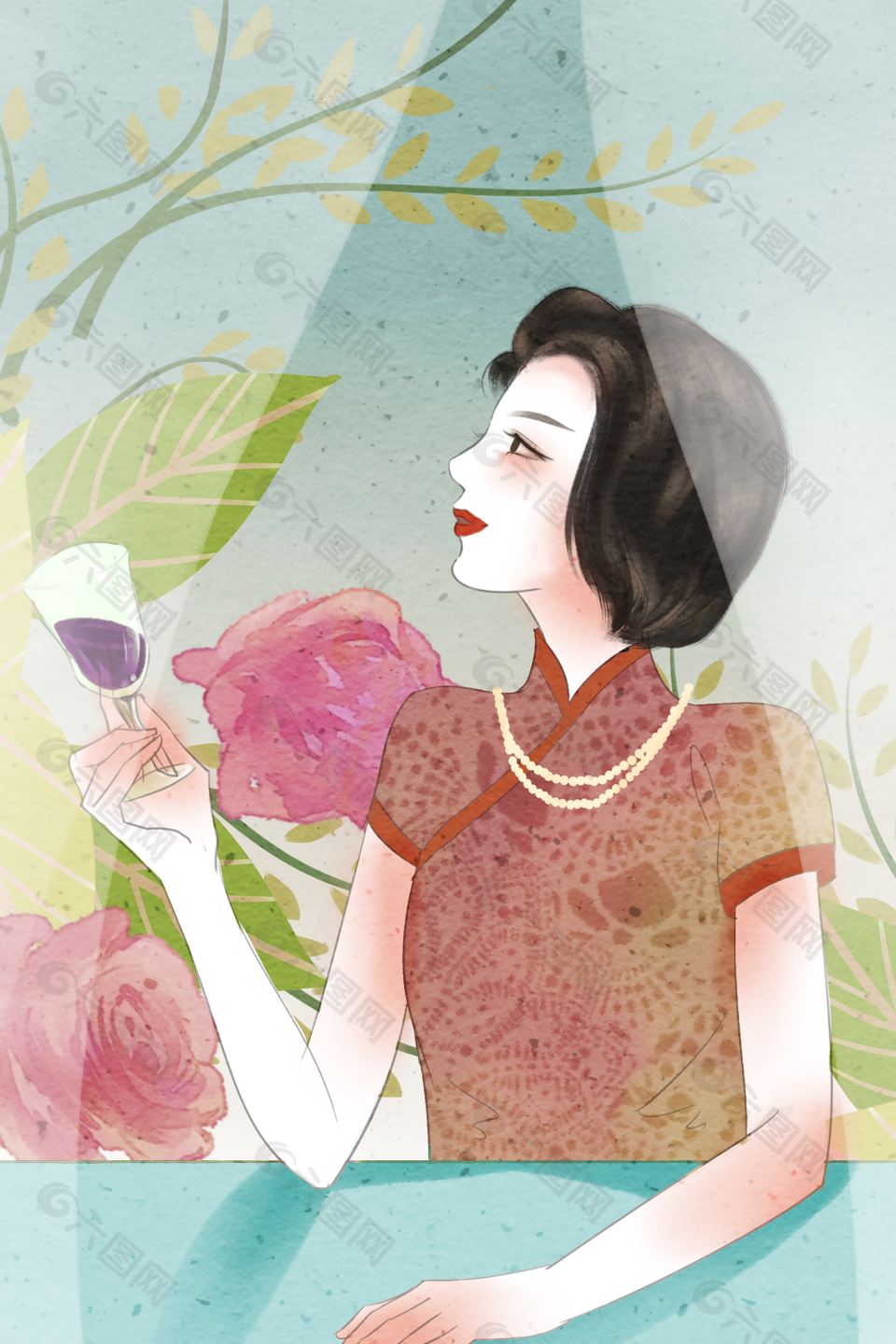 優雅民國風旗袍女子拿酒杯人物插畫素材