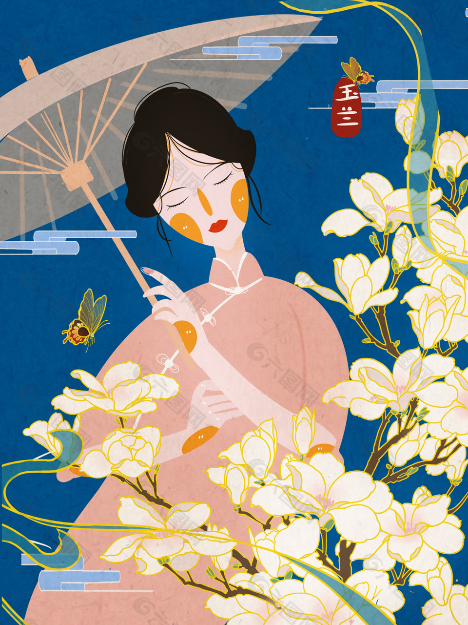 優雅古風旗袍女子手撐油紙傘人物插畫