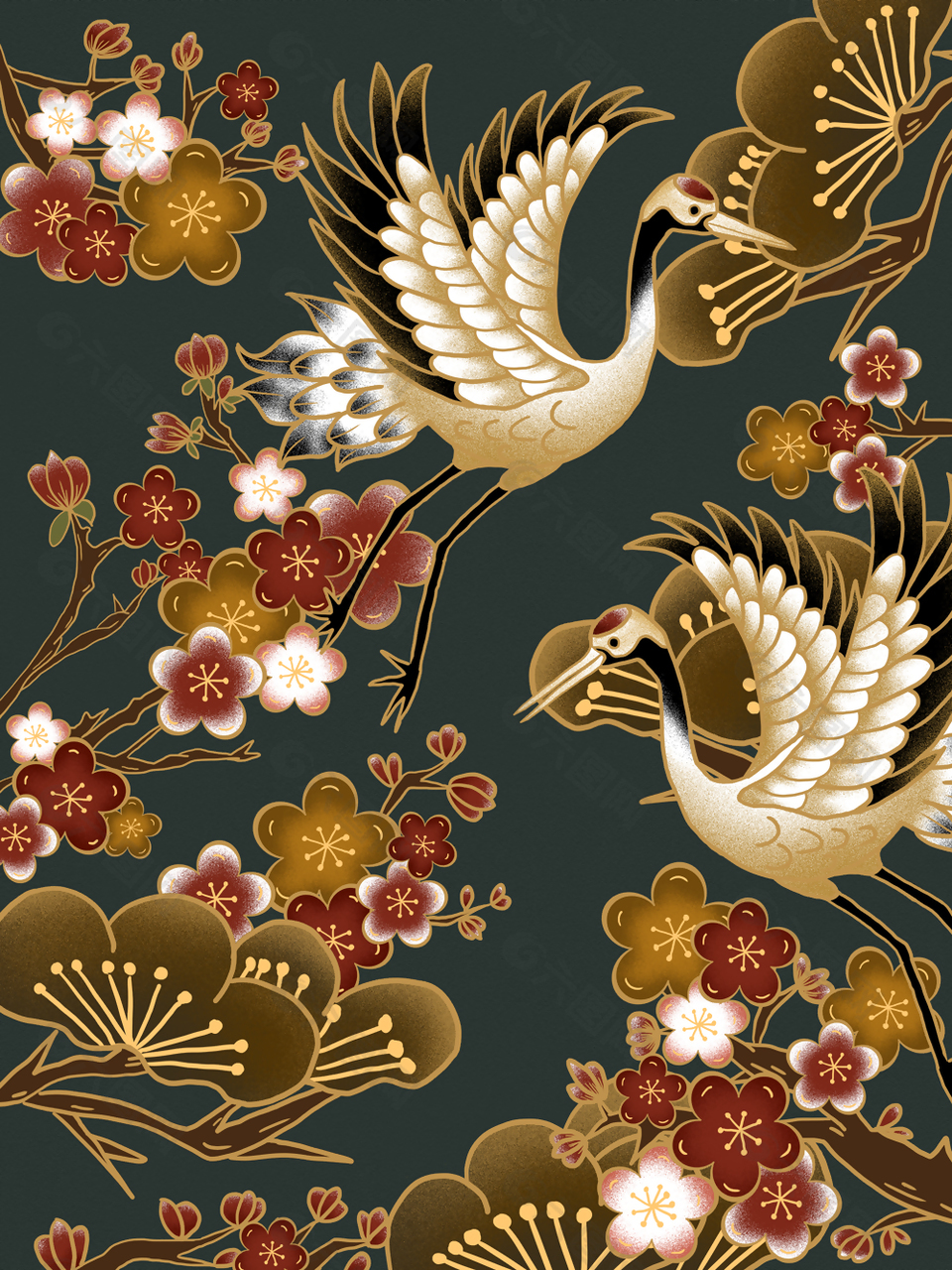 復古國潮中國風梅花仙鶴背景圖