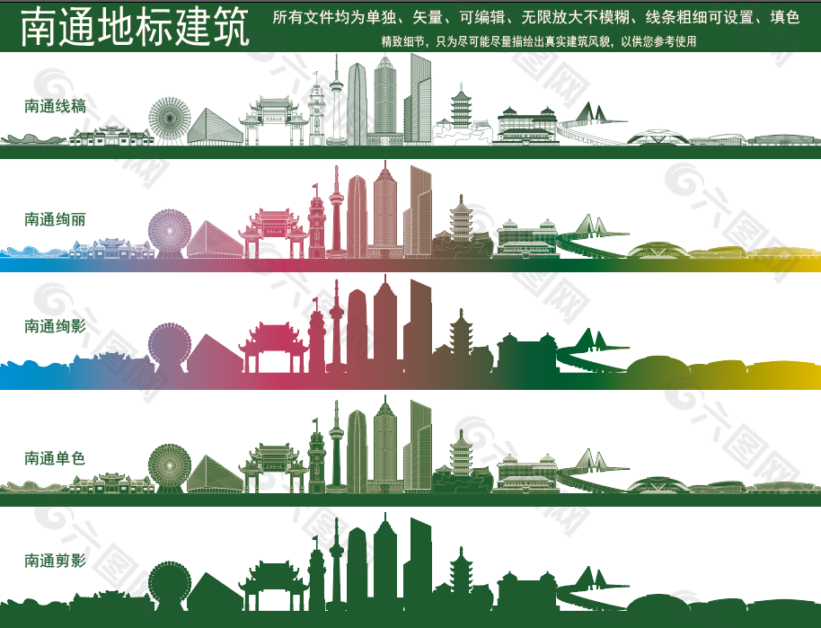 綠色南通地標建筑線稿圖