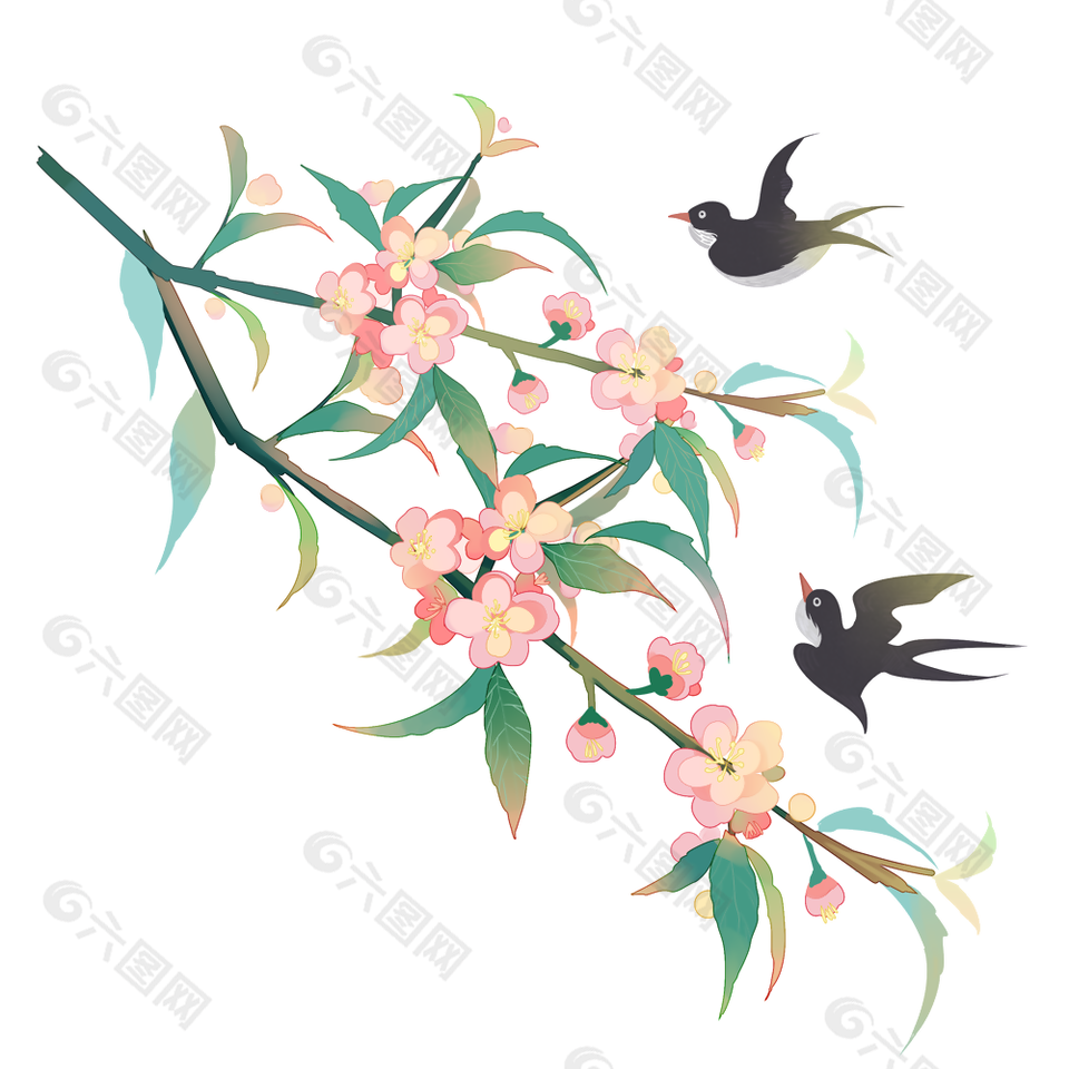 手繪水彩風(fēng)立春節(jié)氣燕子飛桃花裝飾圖案