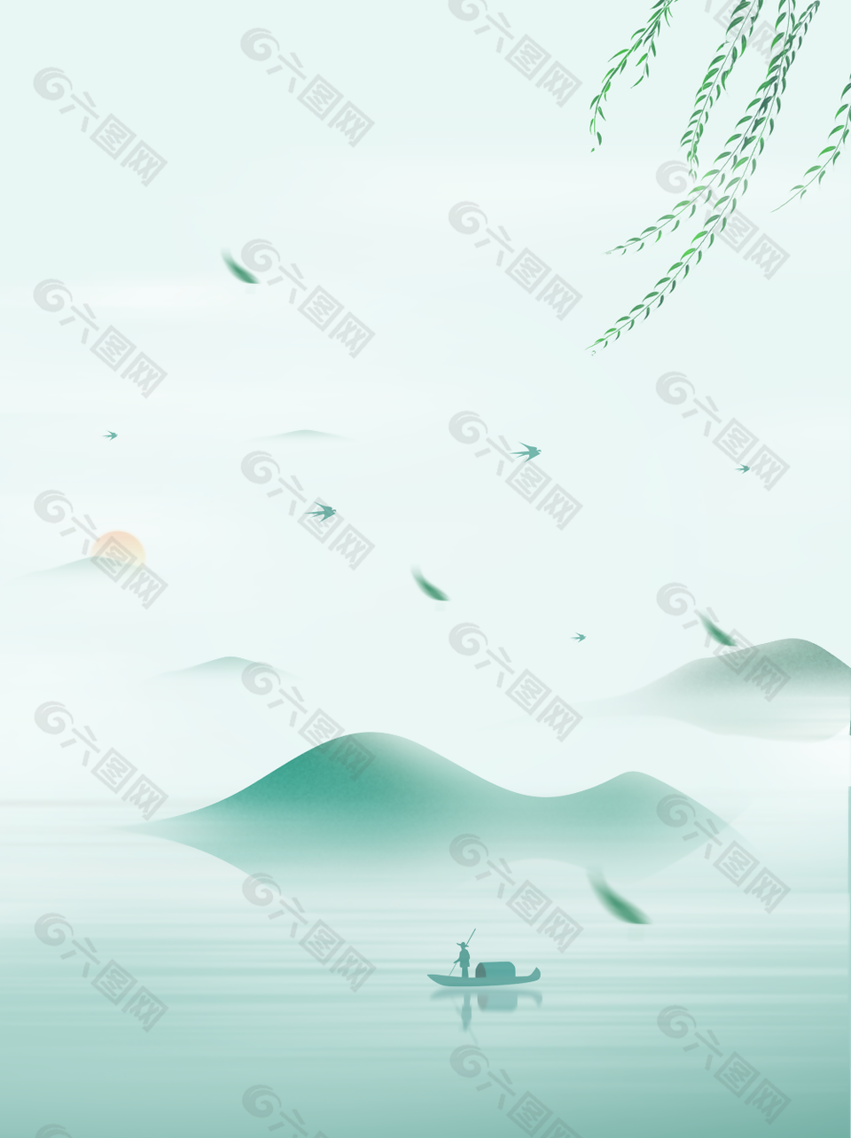 中國風綠色清新山川湖泊背景設計