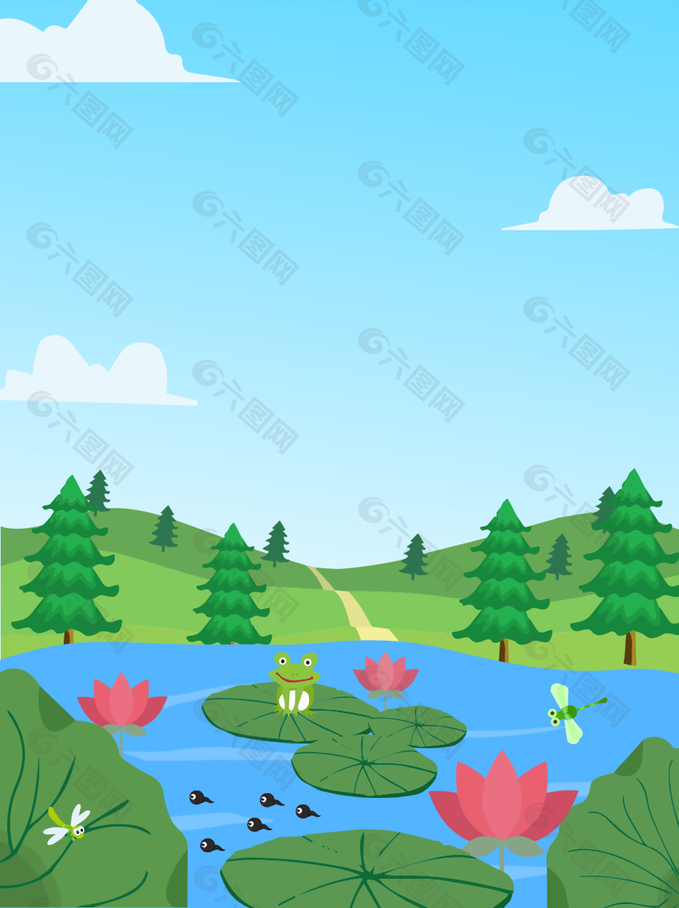 春日簡約藍天白云手繪卡通插畫背景