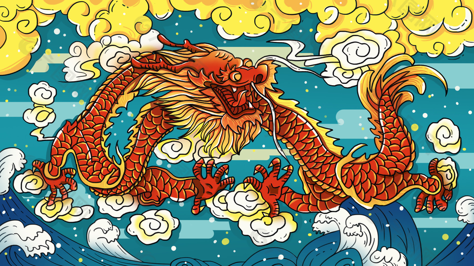 二月二國潮手繪綠色背景龍形象插畫