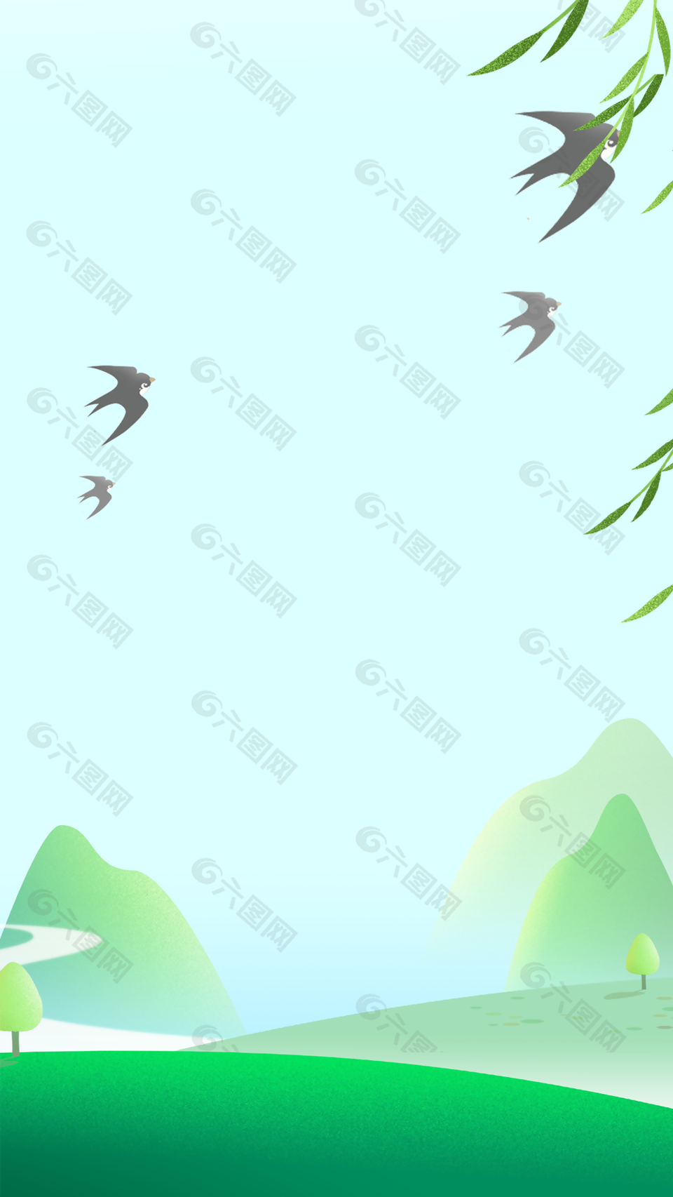 春日綠色清新卡通插畫背景