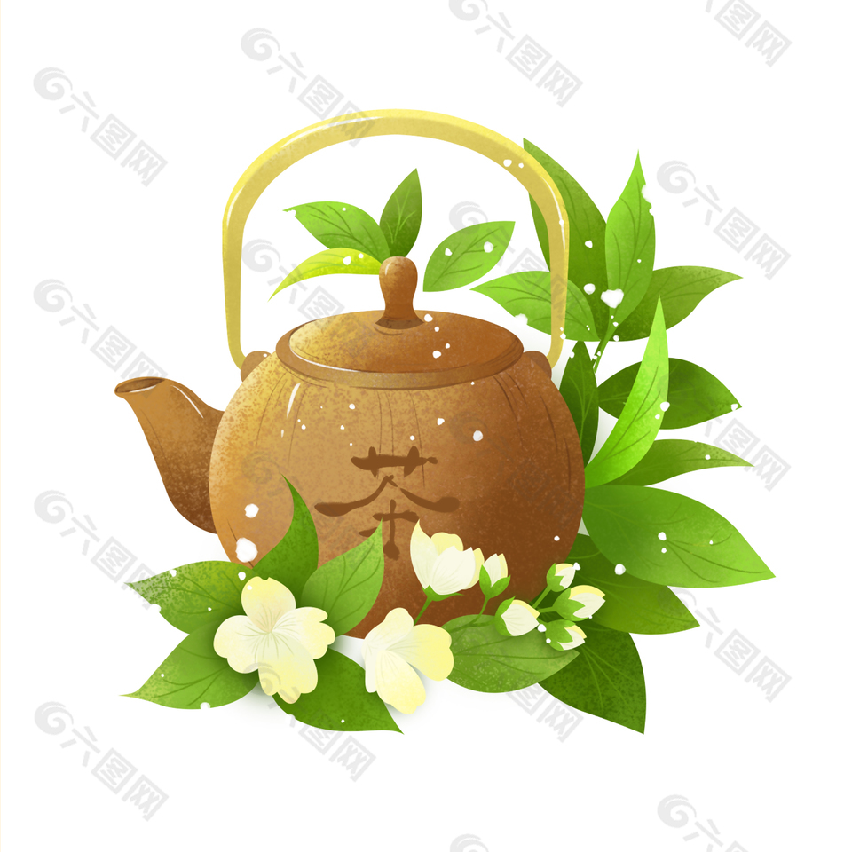 創意手繪風棕色茉莉花茶壺圖案