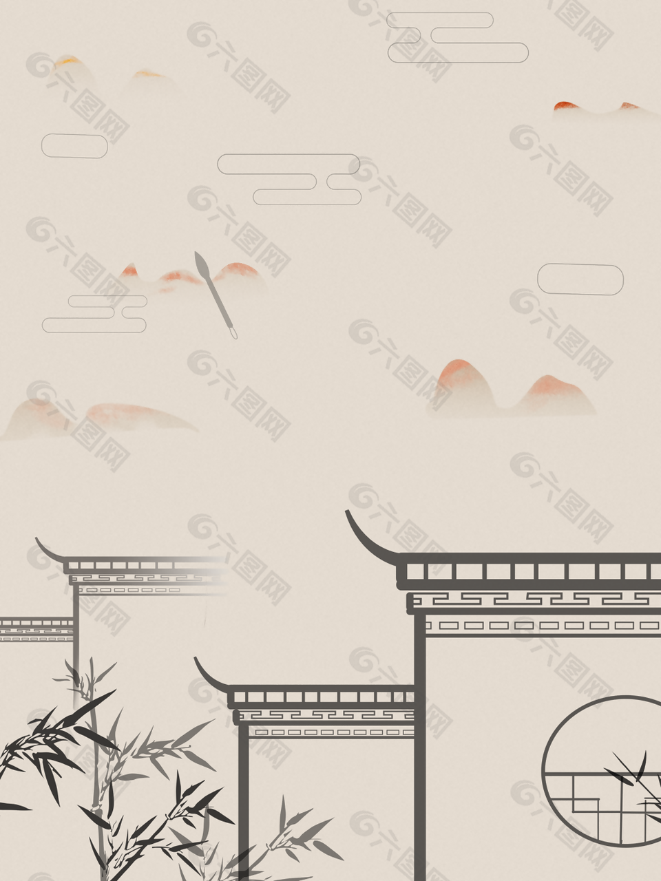 中國風手繪徽派建筑水墨背景