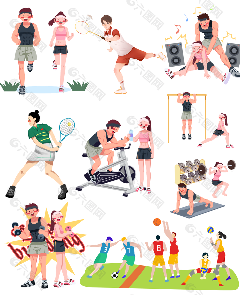 運動健身創意卡通人物插畫