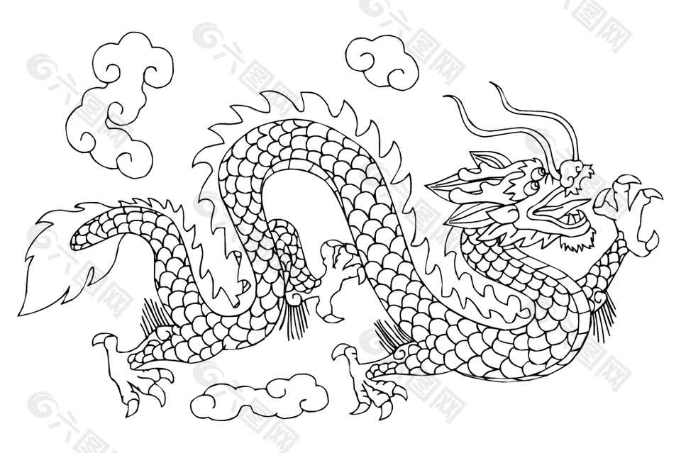 簡約黑白線條手繪中國龍