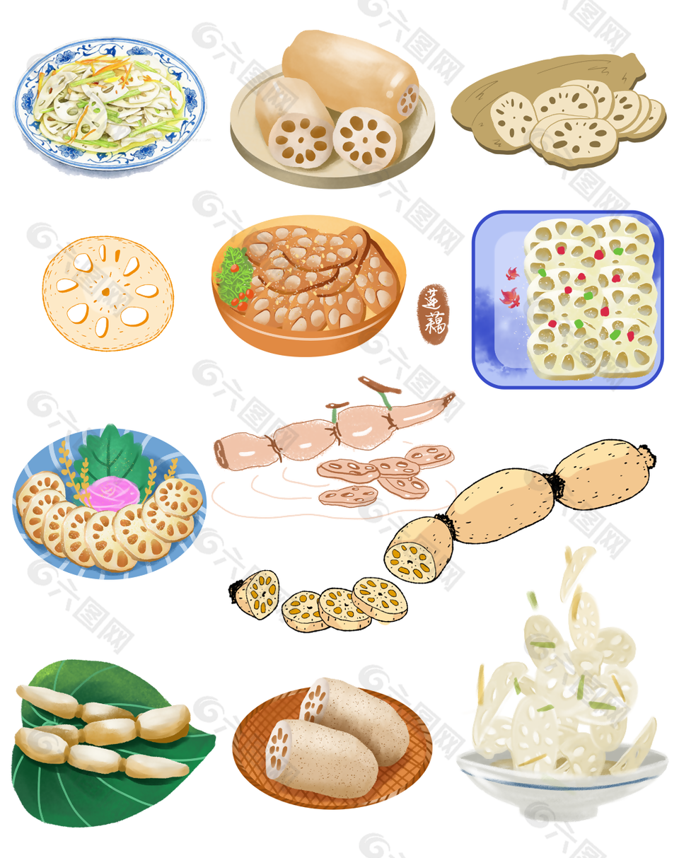 江南水鄉(xiāng)蓮藕片主題插畫物料合集