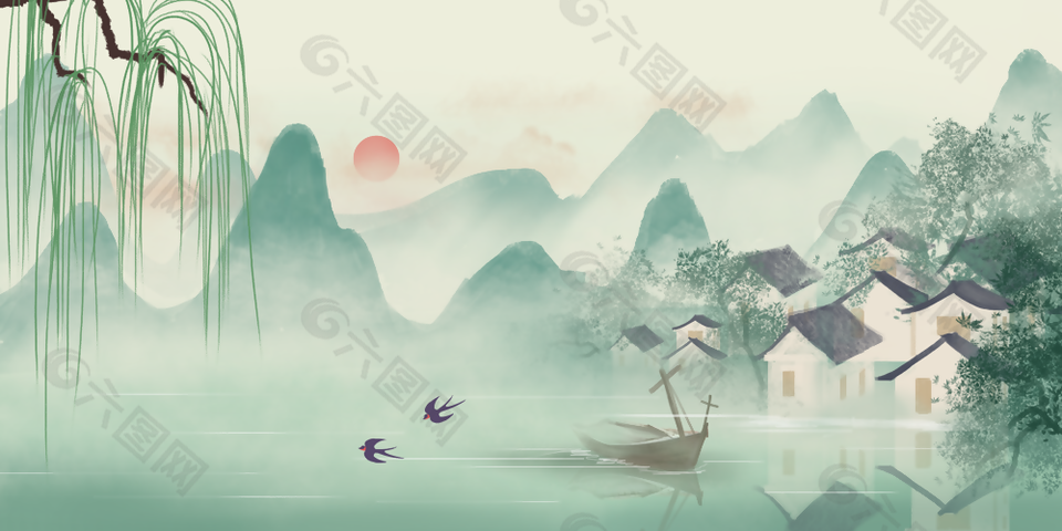 水墨暈染中國風江南水鄉背景