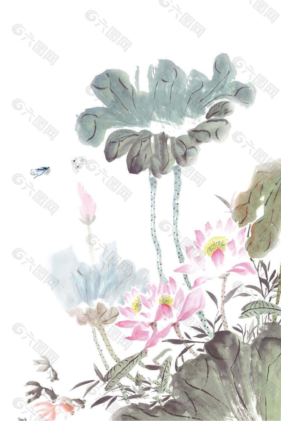 中國(guó)風(fēng)水墨畫池中荷花插畫
