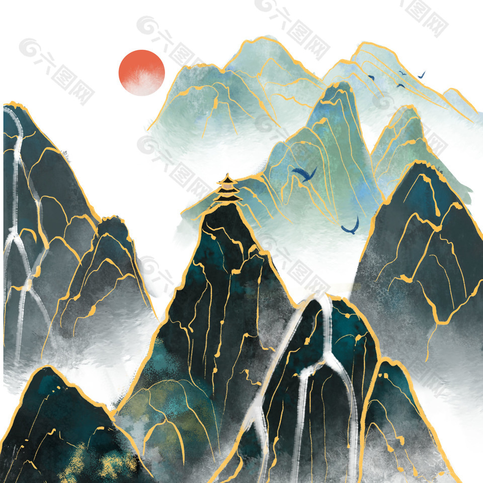 水墨古風山川插畫素材