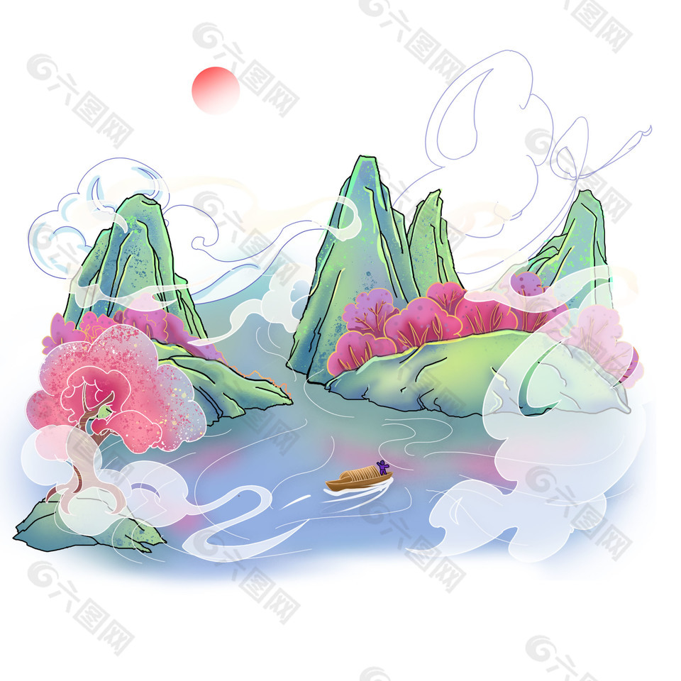 古風山水美景插畫