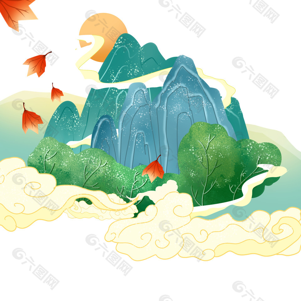 國(guó)風(fēng)寫意云霧繚繞山峰插畫