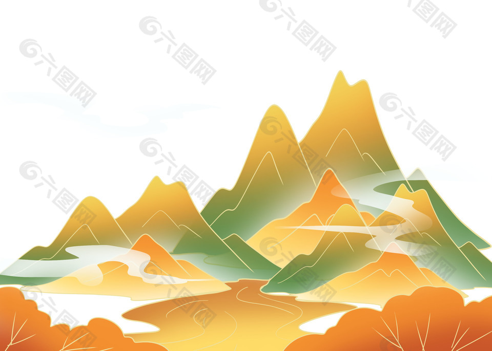 國風山水間的爛漫秋景插畫