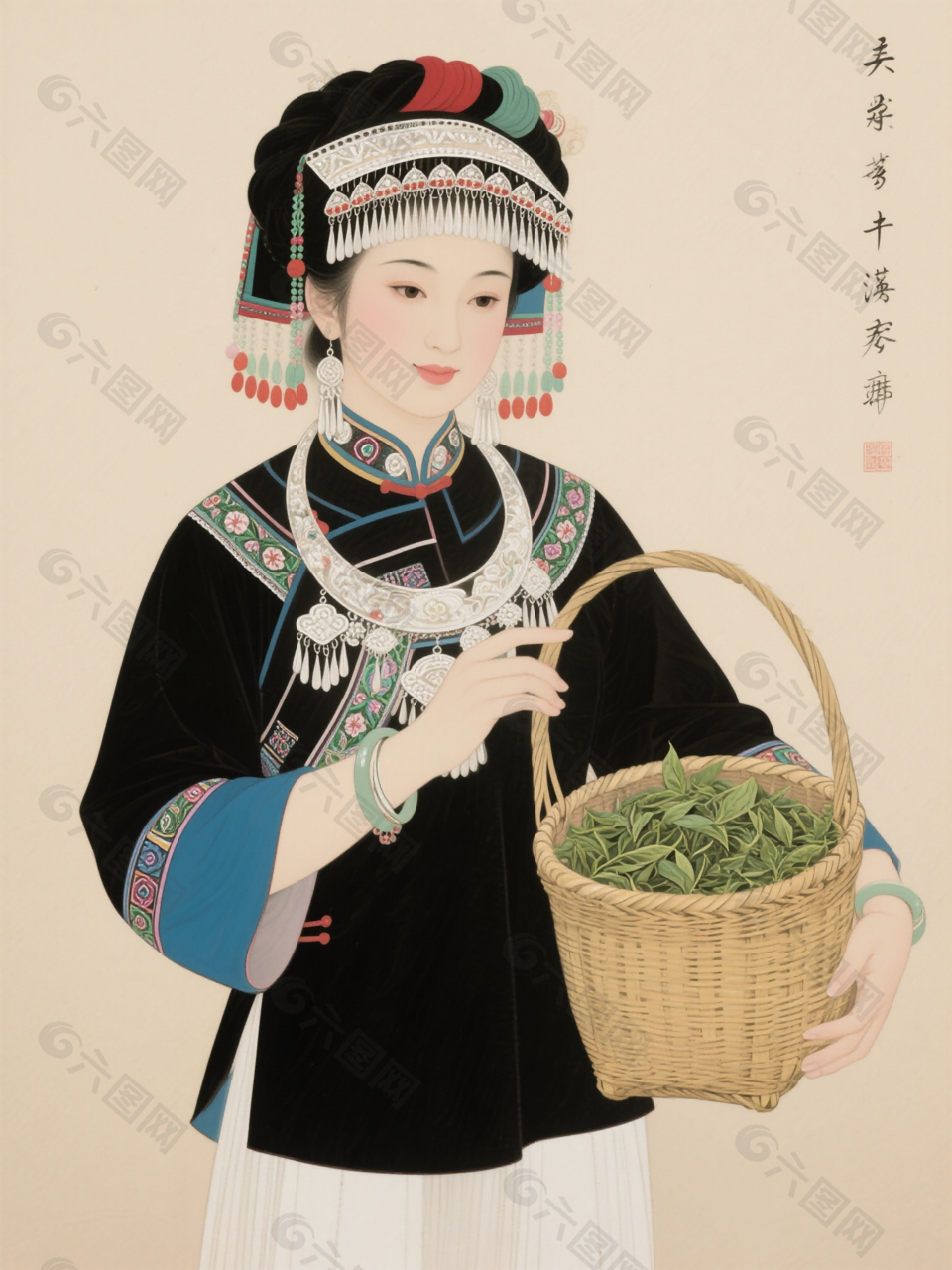 少数民族土家族少女工笔画插画