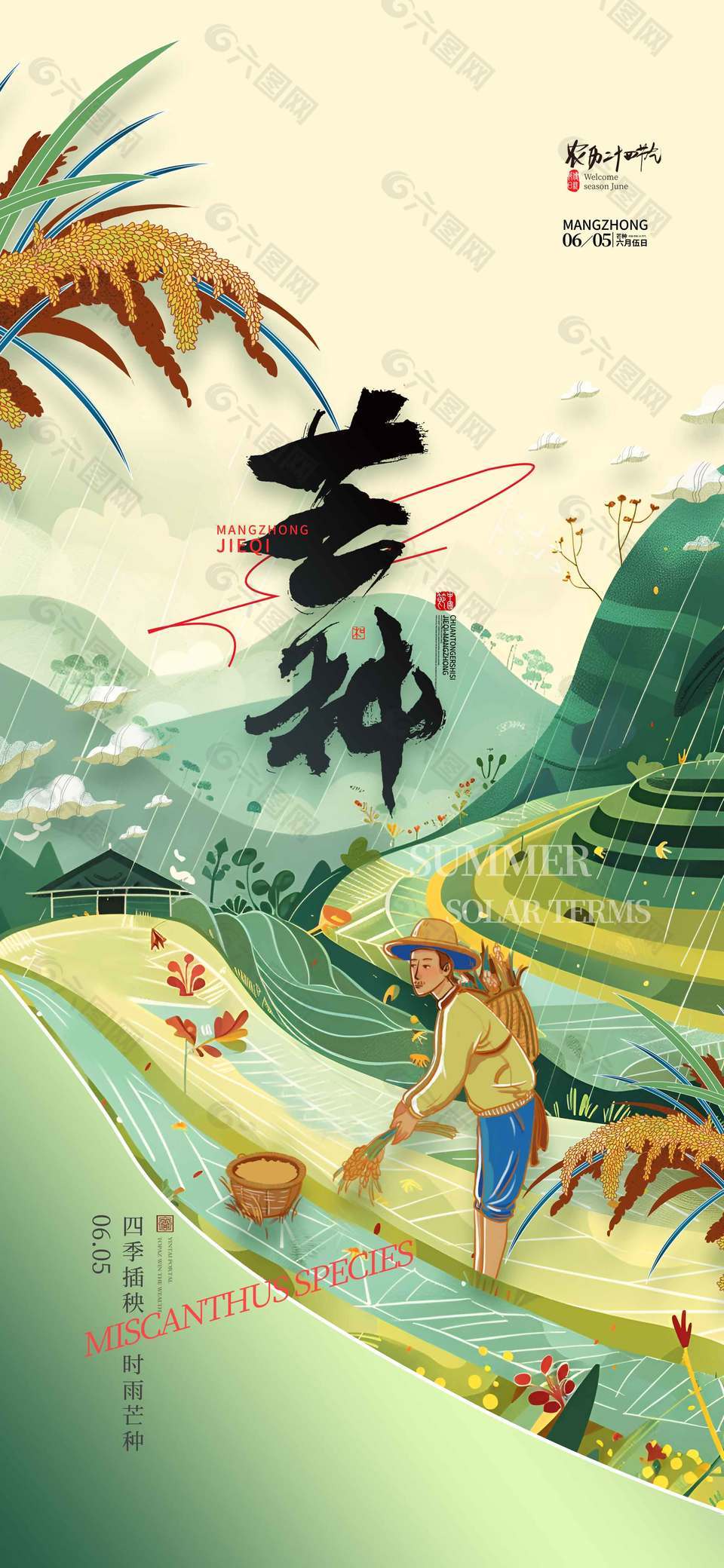 四季插秧時雨芒種創意插畫海報