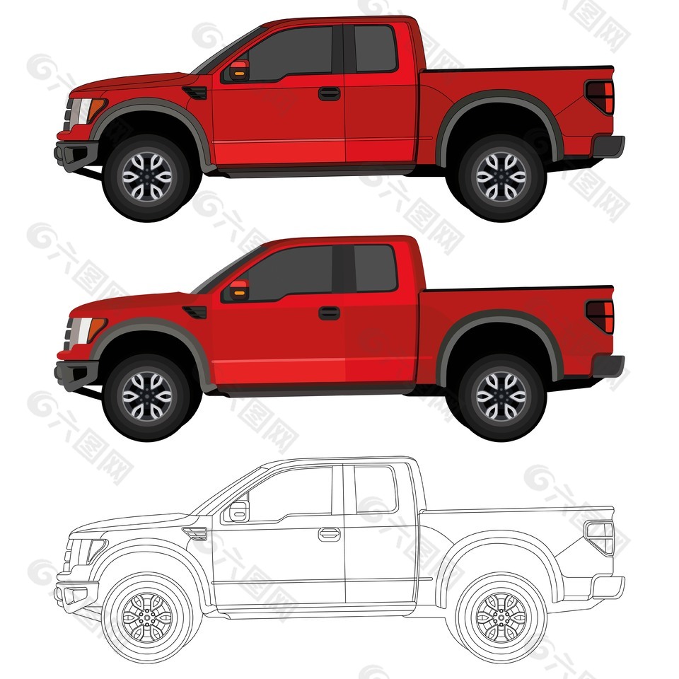 紅色大氣皮卡車立面插圖