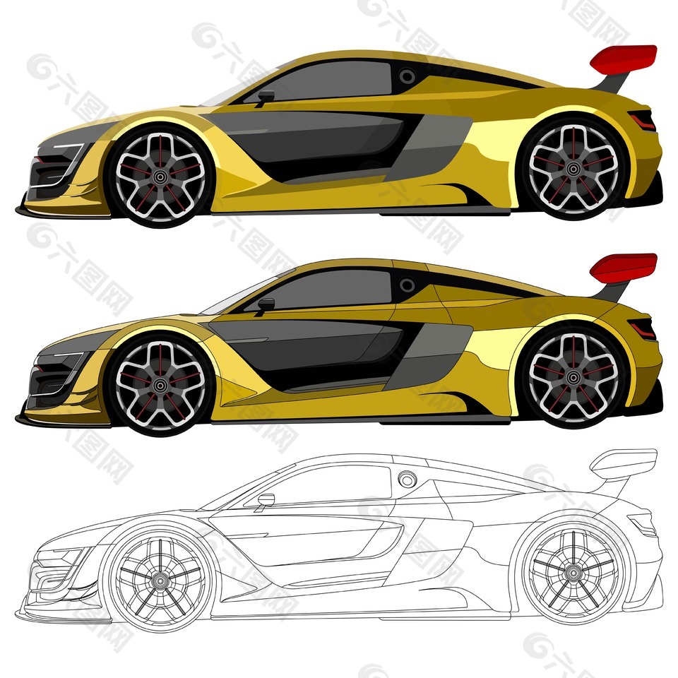 金色時尚轎車跑車立面插圖