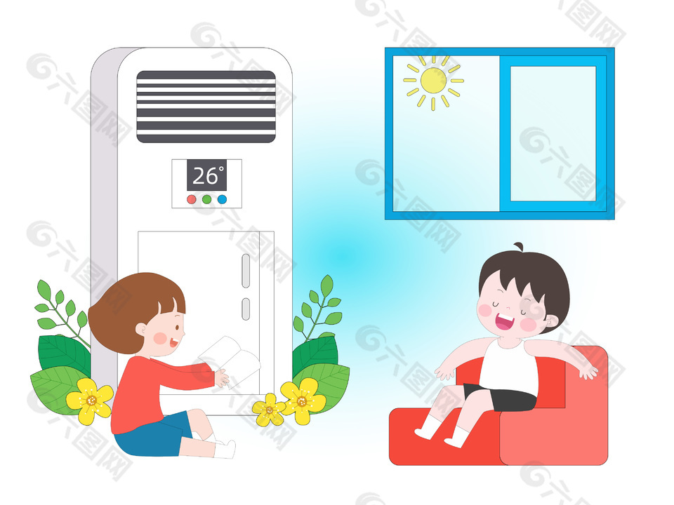 卡通兒童夏天高溫天氣吹空調防止中暑插畫