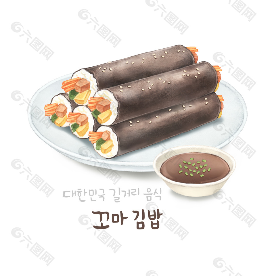 清新手繪韓式美食紫菜包飯水彩插畫