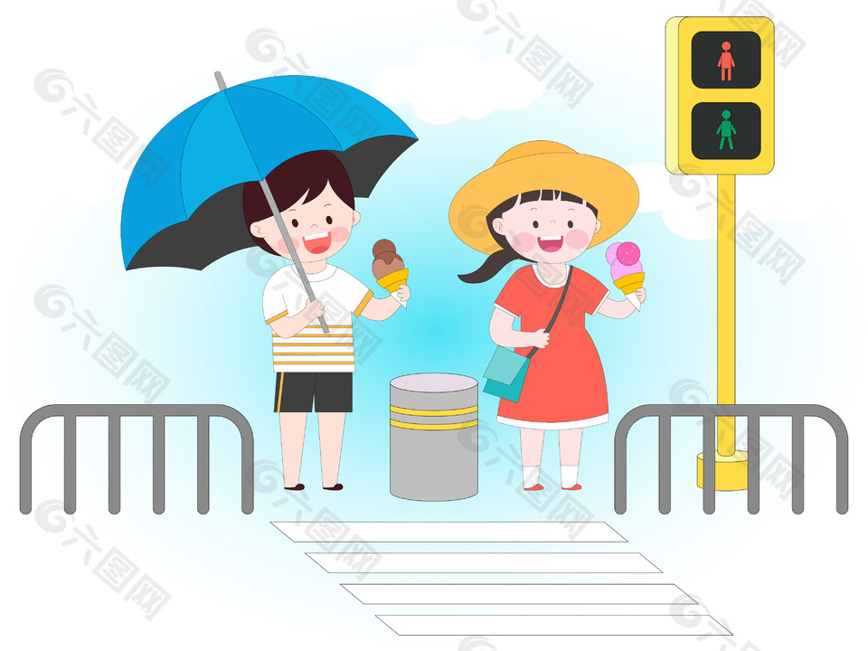 夏天馬路邊等紅燈吃冰淇淋場景插畫