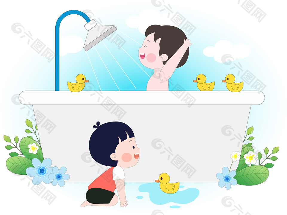 手繪卡通洗澡泡澡浴缸插畫設計