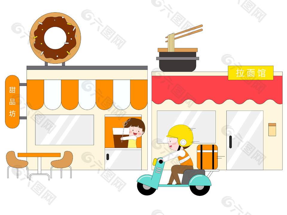 卡通甜品店面館外賣員送外賣插畫