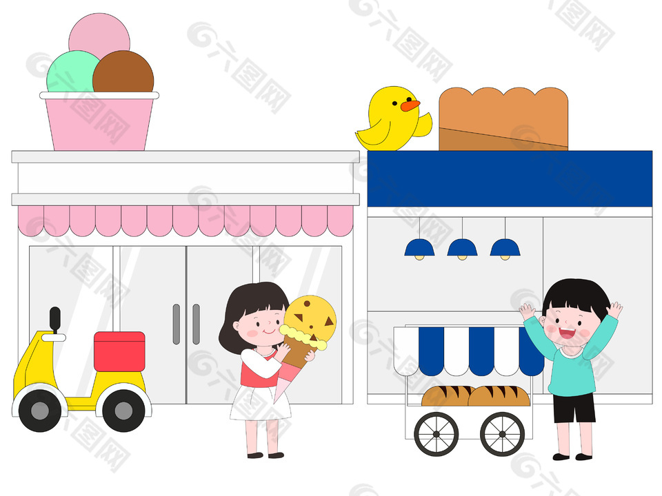 扁平卡通風冰淇淋店面包店街景人物插畫