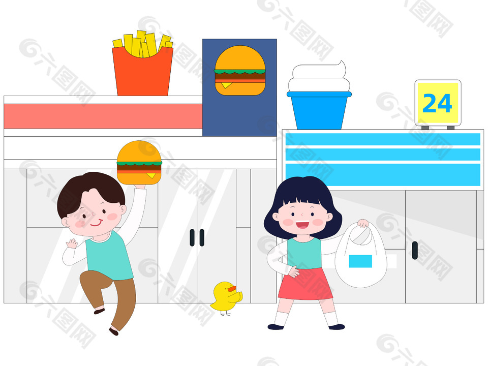 美式快餐店便利店購買商品場景插畫
