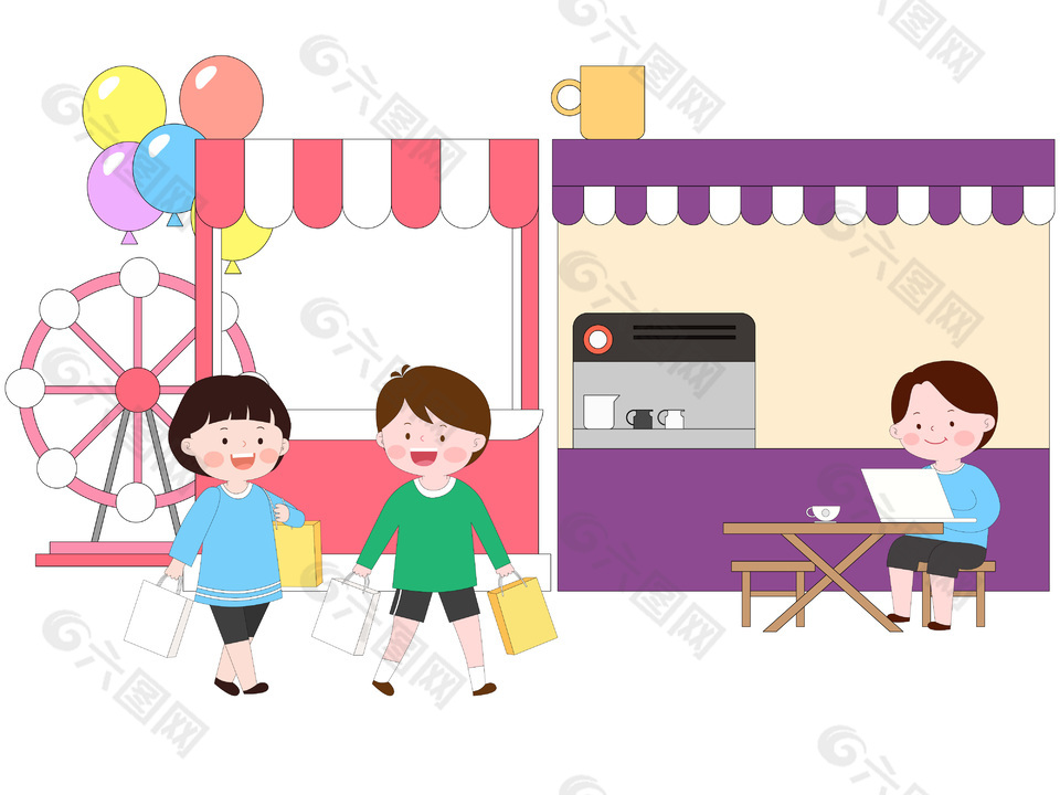 卡通風格休閑場所購物場景插畫