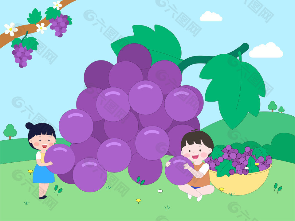 男孩女孩摘紫色葡萄手繪插畫設(shè)計(jì)