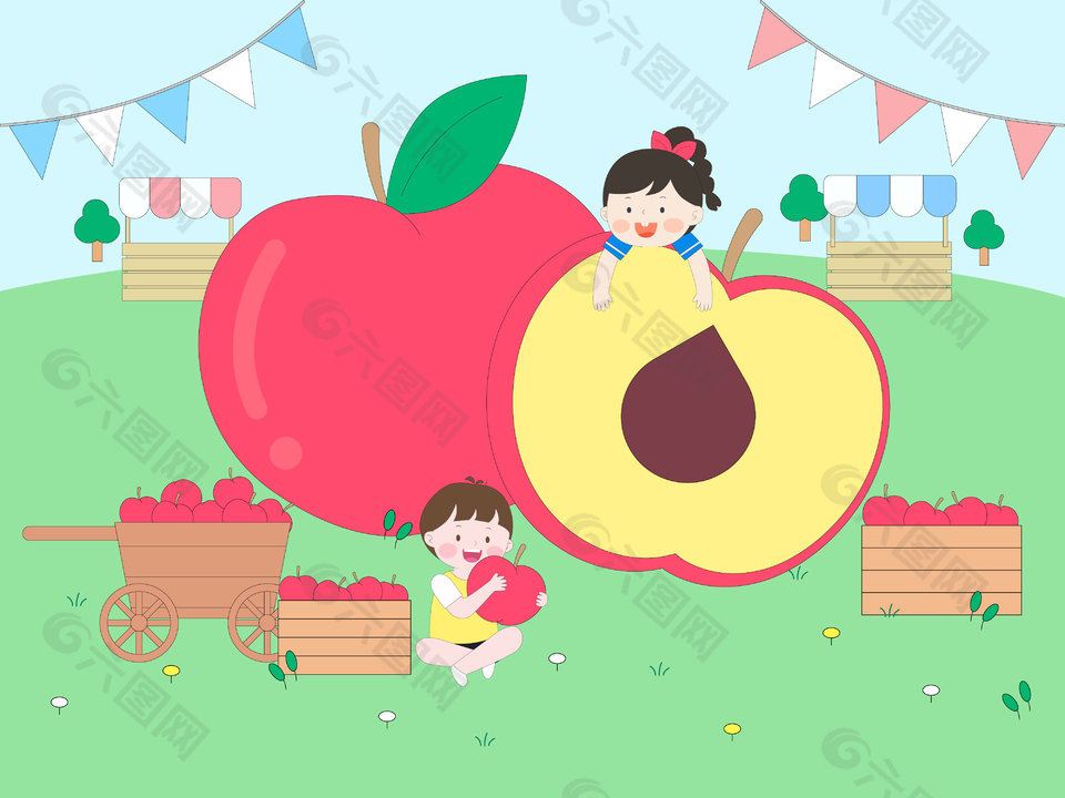 美味蘋果主題趣味卡通場景插畫