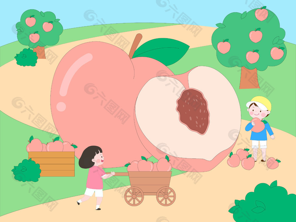 桃園里采摘搬運桃子場景插畫