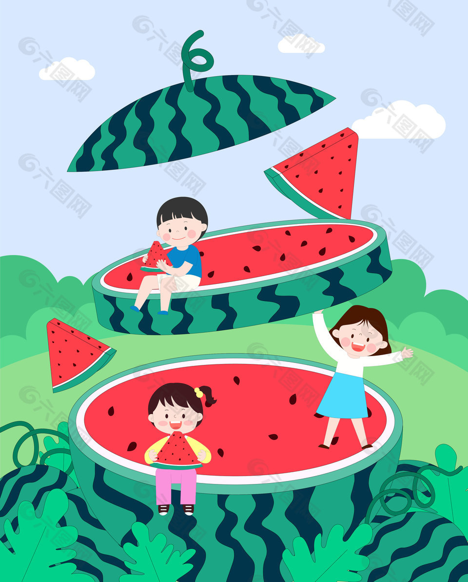 夏季水果美味西瓜趣味插畫