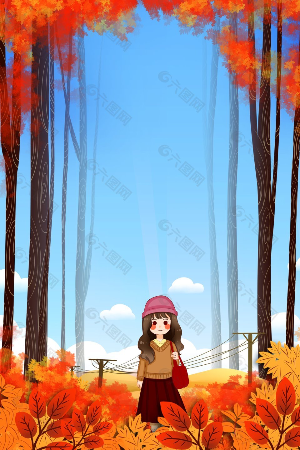 卡通風(fēng)秋季小女孩森林美景插畫(huà)