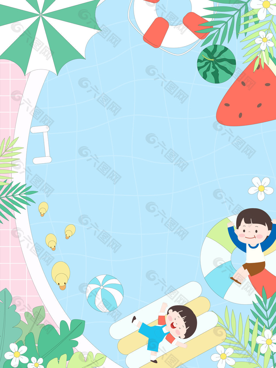 卡通風格兒童夏季泳池玩耍主題場景插畫