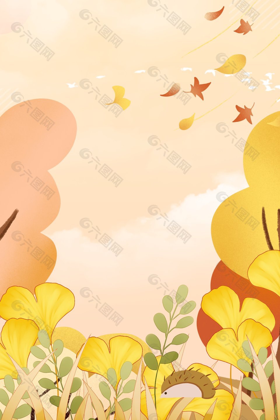 黃色唯美秋季銀杏自然風(fēng)景插畫(huà)